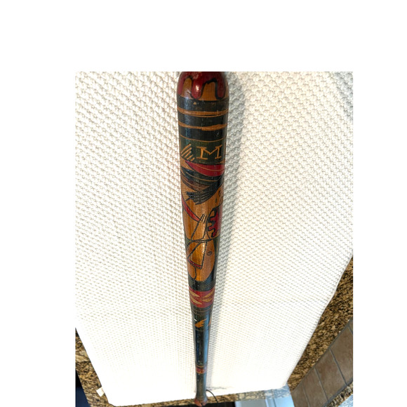 VINTAGE PINATA BAT STICK Mexico Folk Art Hand Carved Painted Wood 31" - Picture 3 of 8